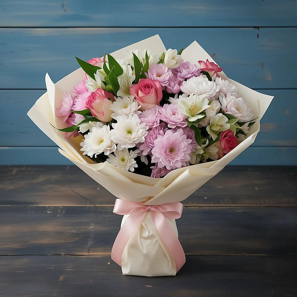 Букет цветов из: Хризантемы, Альстромерии и Розы в Уфе